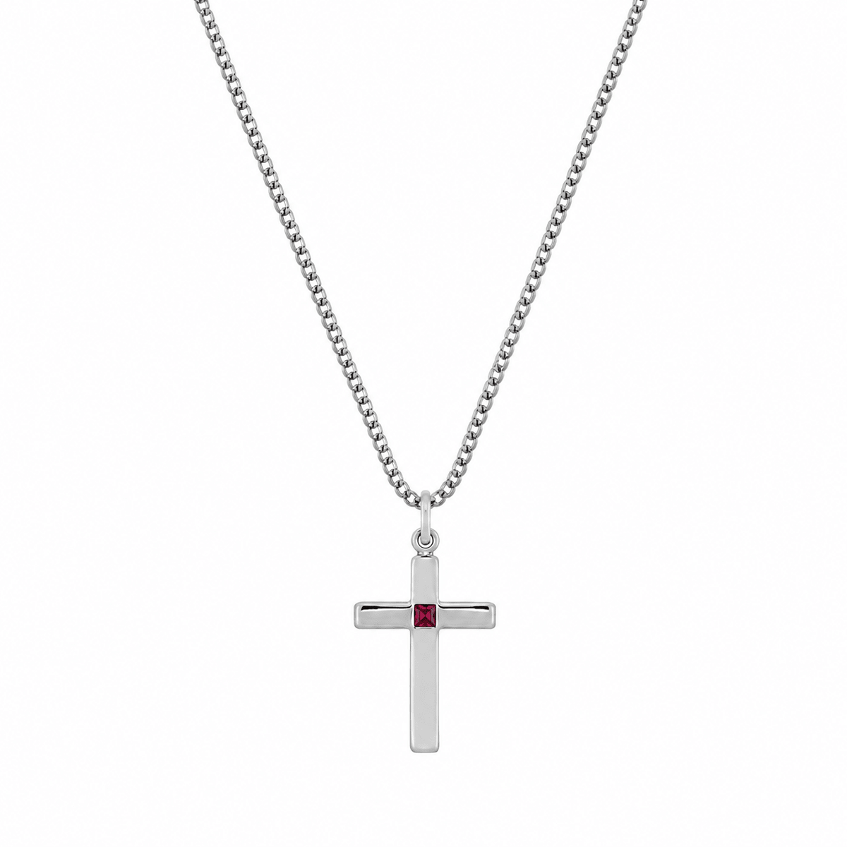 Axis Cross Necklace en plata 925 con dije de cruz y piedra preciosa en el centro del diseño.