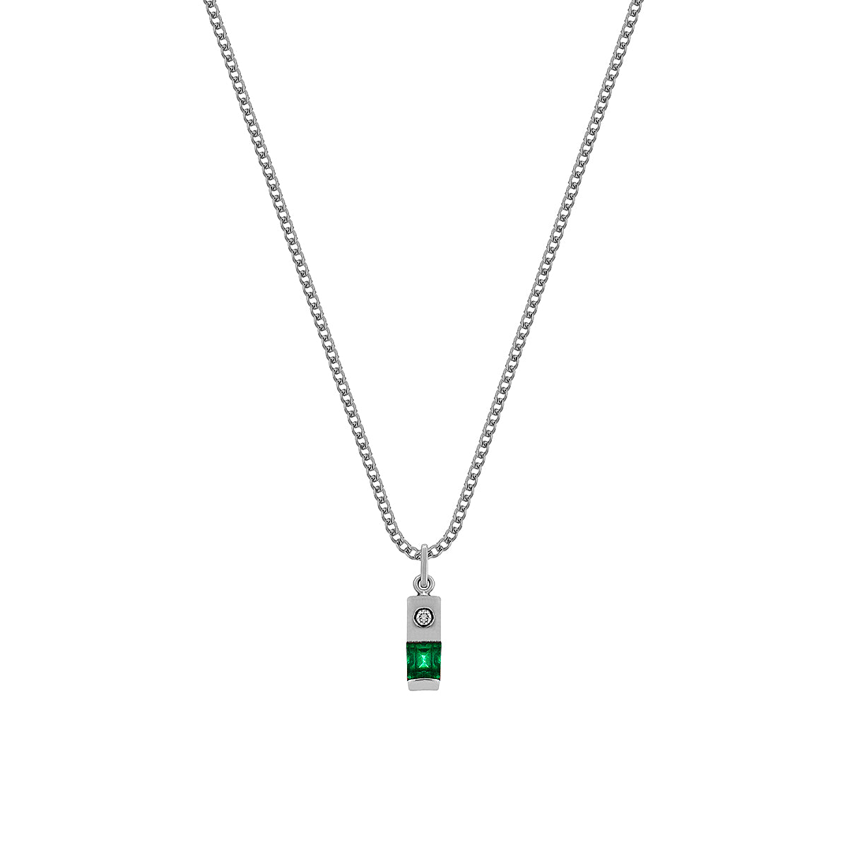Dije minimalista para hombre en plata Ley 950 con esmeralda y diamante de laboratorio