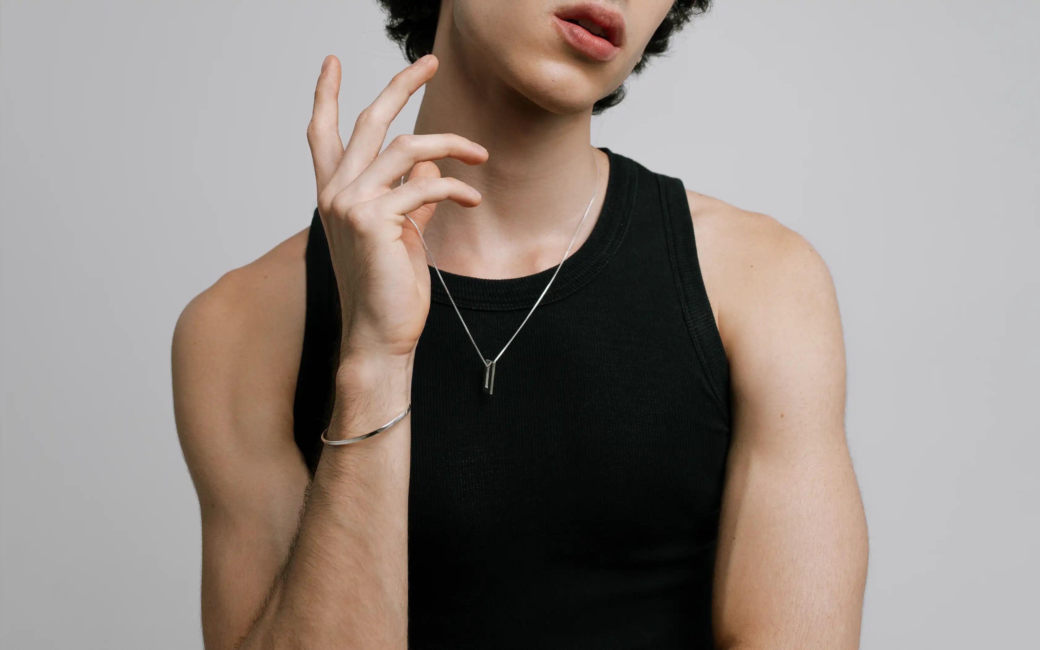 Silver rectangular pendant necklace for men minimalist design